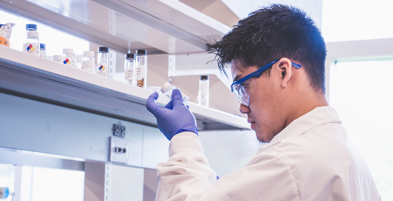 Researcher looks in a specimen jar in a lab