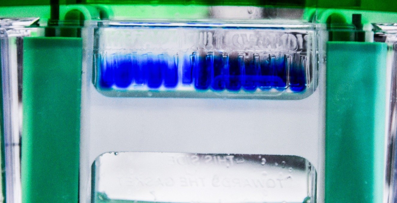 blue and green substance in a lab